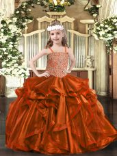 Modern Rust Red Sleeveless Beading and Embroidery and Ruffles Floor Length Party Dress for Girls