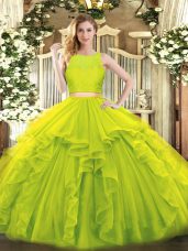 Enchanting Yellow Green Two Pieces Ruffles Quinceanera Gowns Zipper Tulle Sleeveless Floor Length