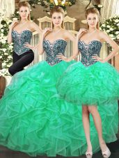 Turquoise Lace Up Quinceanera Dresses Beading and Ruffles Sleeveless Floor Length