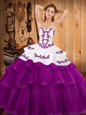 Admirable Fuchsia Ball Gowns Embroidery and Ruffled Layers 15 Quinceanera Dress Lace Up Tulle Sleeveless