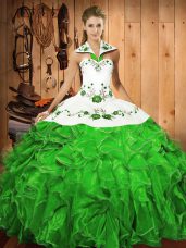 Satin and Organza Sleeveless Floor Length Sweet 16 Quinceanera Dress and Embroidery and Ruffles