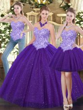 Sweetheart Sleeveless Ball Gown Prom Dress Floor Length Beading Purple Tulle