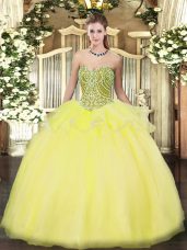 Classical Sweetheart Sleeveless Lace Up Sweet 16 Dress Yellow Tulle