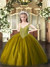 Brown Ball Gowns Tulle V-neck Sleeveless Beading Floor Length Lace Up Little Girl Pageant Gowns
