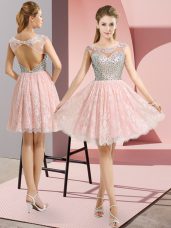 Graceful Baby Pink Homecoming Dress Prom and Party with Beading Scoop Cap Sleeves Backless