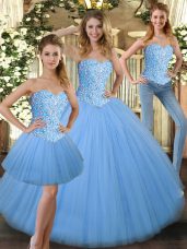 Chic Baby Blue Sweetheart Neckline Beading Quince Ball Gowns Sleeveless Lace Up