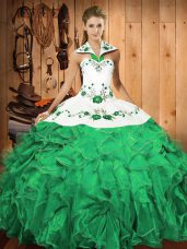 Halter Top Sleeveless Quinceanera Gowns Floor Length Embroidery and Ruffles Turquoise Satin and Organza