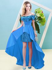 Classical Baby Blue Off The Shoulder Neckline Beading Prom Party Dress Short Sleeves Lace Up