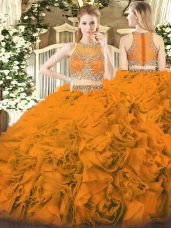 Hot Sale Scoop Sleeveless Vestidos de Quinceanera Floor Length Beading Orange Red Fabric With Rolling Flowers