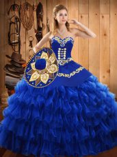 Fine Sleeveless Floor Length Embroidery and Ruffled Layers Lace Up Vestidos de Quinceanera with Blue