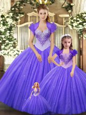 Purple Tulle Lace Up Ball Gown Prom Dress Sleeveless Floor Length Beading