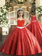 Floor Length Lace Up Little Girl Pageant Gowns Red for Party and Quinceanera with Appliques