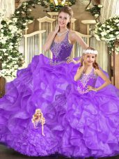 Flare Straps Sleeveless Lace Up Quince Ball Gowns Eggplant Purple Organza