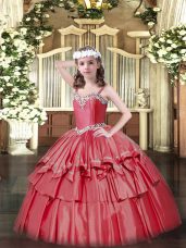 Sleeveless Floor Length Beading and Ruffled Layers Lace Up Little Girls Pageant Dress Wholesale with Coral Red