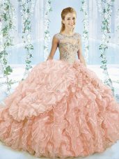 Sweetheart Sleeveless Brush Train Lace Up Sweet 16 Dresses Peach Organza