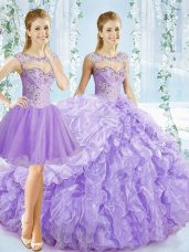 Exquisite Brush Train Ball Gowns Vestidos de Quinceanera Lavender Sweetheart Organza Sleeveless Lace Up