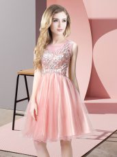 Affordable Baby Pink A-line Tulle Scoop Sleeveless Beading Knee Length Zipper Prom Evening Gown