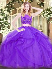 Luxurious Floor Length Lavender Sweet 16 Dresses Tulle Sleeveless Beading and Ruffles