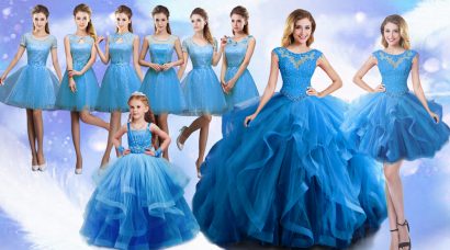 Custom Design Baby Blue Ball Gown Prom Dress Military Ball and Sweet 16 and Quinceanera with Beading and Ruffles Scoop Sleeveless Lace Up