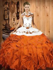 Orange Red Ball Gowns Satin and Organza Halter Top Sleeveless Embroidery and Ruffles Floor Length Lace Up Quince Ball Gowns