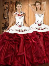 Wine Red Ball Gowns Organza Halter Top Sleeveless Embroidery and Ruffles Floor Length Lace Up Sweet 16 Quinceanera Dress