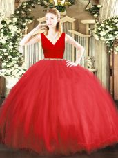 Fabulous Floor Length Red Quinceanera Gowns V-neck Sleeveless Zipper