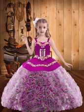 Great Sleeveless Floor Length Embroidery and Ruffles Lace Up Little Girl Pageant Dress with Multi-color