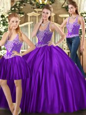 Purple Lace Up Straps Beading Quinceanera Gowns Tulle Sleeveless