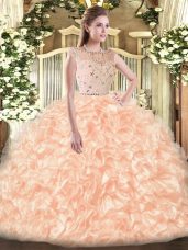 Bateau Sleeveless Ball Gown Prom Dress Floor Length Beading and Ruffles Champagne Tulle