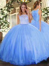 Baby Blue Ball Gowns Lace 15th Birthday Dress Clasp Handle Tulle Sleeveless Floor Length