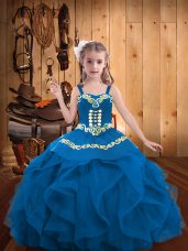 Affordable Floor Length Ball Gowns Sleeveless Blue Pageant Gowns For Girls Lace Up