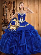 Floor Length Royal Blue Quinceanera Dress Organza Sleeveless Embroidery and Ruffles