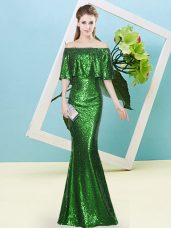 Delicate Half Sleeves Sequined Floor Length Zipper Prom Evening Gown in Dark Green with Sequins