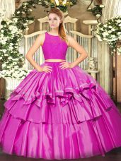 Attractive Fuchsia Tulle Zipper Scoop Sleeveless Floor Length Ball Gown Prom Dress Ruffled Layers