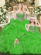 Extravagant Sleeveless Organza Floor Length Lace Up Quince Ball Gowns in Green with Beading and Ruffles