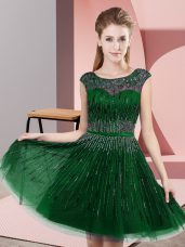 Knee Length Green Dress for Prom Tulle Sleeveless Beading