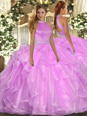 Lilac Backless Quinceanera Dress Beading and Ruffles Sleeveless Floor Length