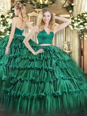 Dark Green Two Pieces Organza Halter Top Sleeveless Ruffled Layers Floor Length Zipper Vestidos de Quinceanera