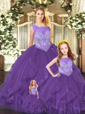 Cute Organza Scoop Sleeveless Lace Up Beading and Ruffles Sweet 16 Dress in Purple