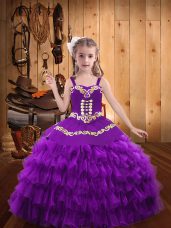 Sleeveless Floor Length Beading and Embroidery and Ruffled Layers Lace Up Kids Pageant Dress with Purple