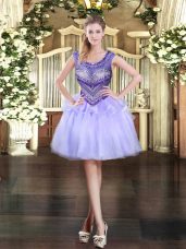 Suitable Sleeveless Organza Mini Length Zipper Evening Dress in Lavender with Beading