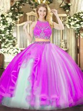 Hot Sale Sleeveless Organza Floor Length Zipper Quinceanera Gown in Fuchsia with Beading and Ruffles