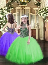 Hot Sale Floor Length Green Girls Pageant Dresses Halter Top Sleeveless Lace Up