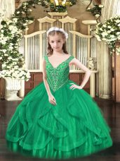 Turquoise Sleeveless Tulle Lace Up Little Girls Pageant Dress for Party and Quinceanera