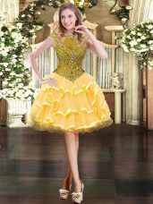 Gold Scoop Zipper Beading and Ruffled Layers Homecoming Dress Cap Sleeves