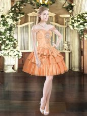 Beautiful Satin and Organza Off The Shoulder Sleeveless Lace Up Beading and Ruffled Layers Prom Evening Gown in Orange Red