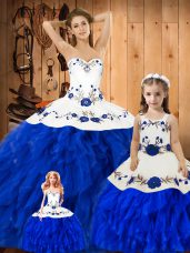Eye-catching Floor Length Ball Gowns Sleeveless Blue And White Vestidos de Quinceanera Lace Up
