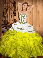 Strapless Sleeveless Ball Gown Prom Dress Floor Length Embroidery and Ruffles Yellow Green Satin and Organza