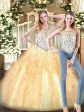 Classical Floor Length Zipper Sweet 16 Dress Gold for Military Ball and Sweet 16 and Quinceanera with Beading and Ruffles