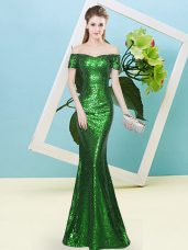 Luxury Off The Shoulder Short Sleeves Evening Dress Floor Length Sequins Green Sequined